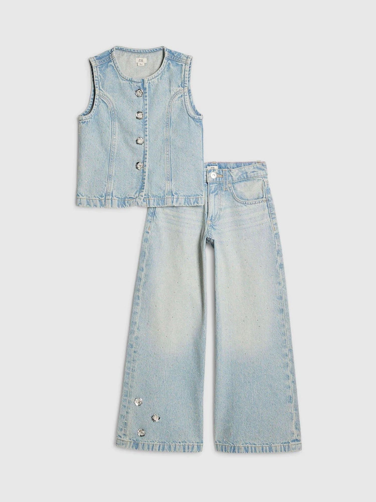 River Island Blue Hotfix Waistcoat & Wide Leg Jean Set | Next US