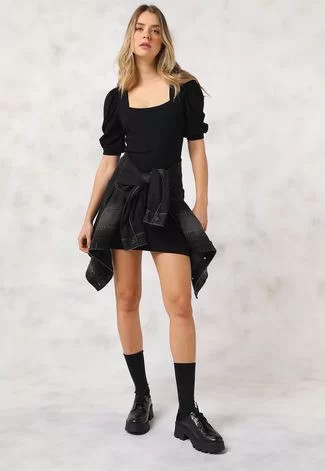 Vestido Canelado Colcci Curto Mangas Bufantes Preto | Dafiti (BR)