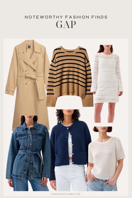 Noteworthy Spring fashion finds from GAP:
Trench coat
Striped sweater
Cardigan
Denim jacket 
Crochet top
Crochet dress

Spring outfit 

#LTKSeasonal
