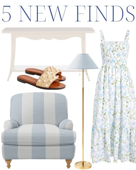 5 new finds! light blue brass floor lamp, light blue floral dress, easter dress, nap dress, spring dress, sping style, classic spring outfit, easter style, spring sandals, woven sandals, pearl sandals, slides, scalloped console table, white console table, light blue striped chair, accent chair, occasional chair, club chair, serena and lily, ballard designs, j.crew, preppy style

#LTKfindsunder100 #LTKhome #LTKshoecrush