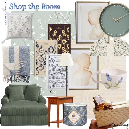 Shop the Room - Reading Nook 

Reading book design, reading nook inspiration, reading nook inspo, reading corner, reading chair, terrazzo bookends, floral throw pillow, ivory throw pillow, cream throw pillow, Walmart finds, Walmart home, Walmart pillow, green floral wallpaper, sage home decor, sage decor, green reading chair, striped blanket, Boucle blanket, blue and white blanket, Charles dickens books, penguin classics, Amazon home, Amazon favorites, book candle, side table with lamp, reading lamp, fun bookmark, pretty bookmark, Etsy finds, Etsy home, beige wall art, beautiful wall art. Framed wall art, beige area rug, modern area rug, blue flower mug, floral mug, flower coffee mug, green wall clock, Anthropologie home 

#LTKhome
