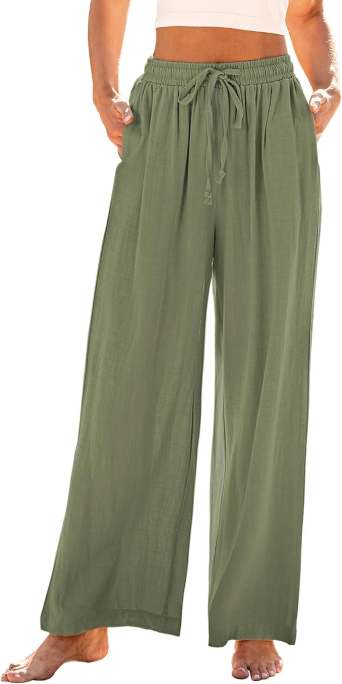 GRAPENT Wide Leg Pants Woman Linen High Waisted Pull On Flowy Casual Baggy Drawstring Palazzo Tro... | Amazon (US)