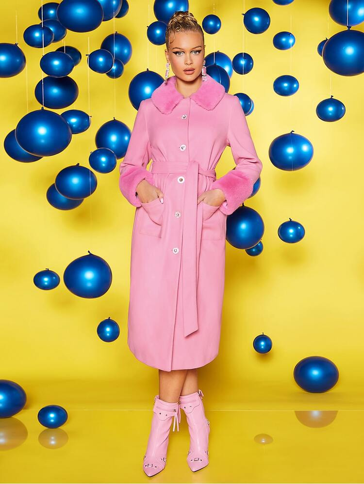 SHEIN X Danijela Vasic Fuzzy Collar Belted Dual Pocket Overcoat | SHEIN