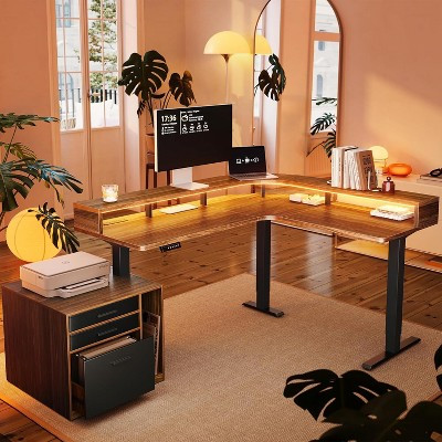 63 X 55 In Electric L Shaped Standing Desk with File Cabinet, 2-Tier Height Adjustable Sit Stand up Desk with LED Strip, Corner Computer Table, Walnut | Target