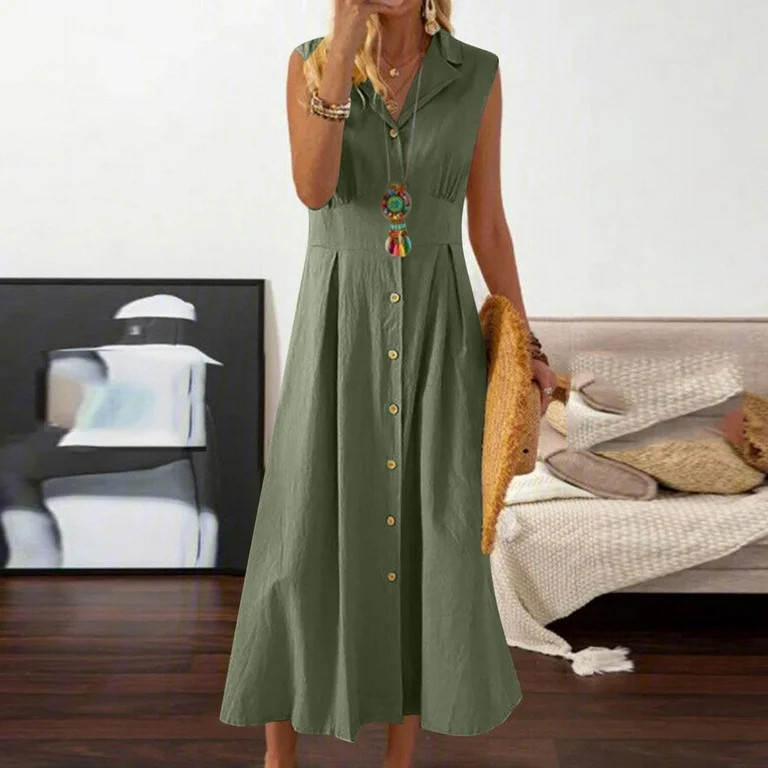 Women's Sleeveless Button Down Collared Midi Dress, Casual Summer A-Line Sundress with Pockets, E... | Walmart (US)