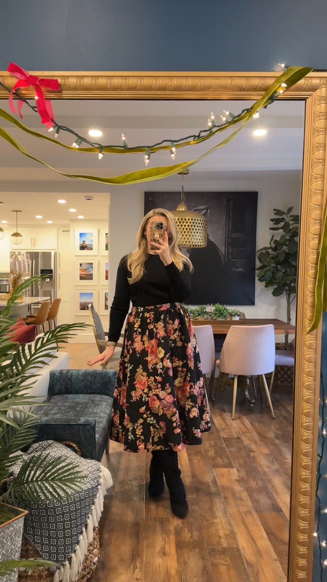 So incredibly obsessed with this full skirt. Wearing a large, waist is a little big. floral skirt, midi skirt, holiday outfit, holiday outfit idea, holiday party outfit, christmas outfit 

 

#LTKHoliday #LTKootd #LTKMidsize