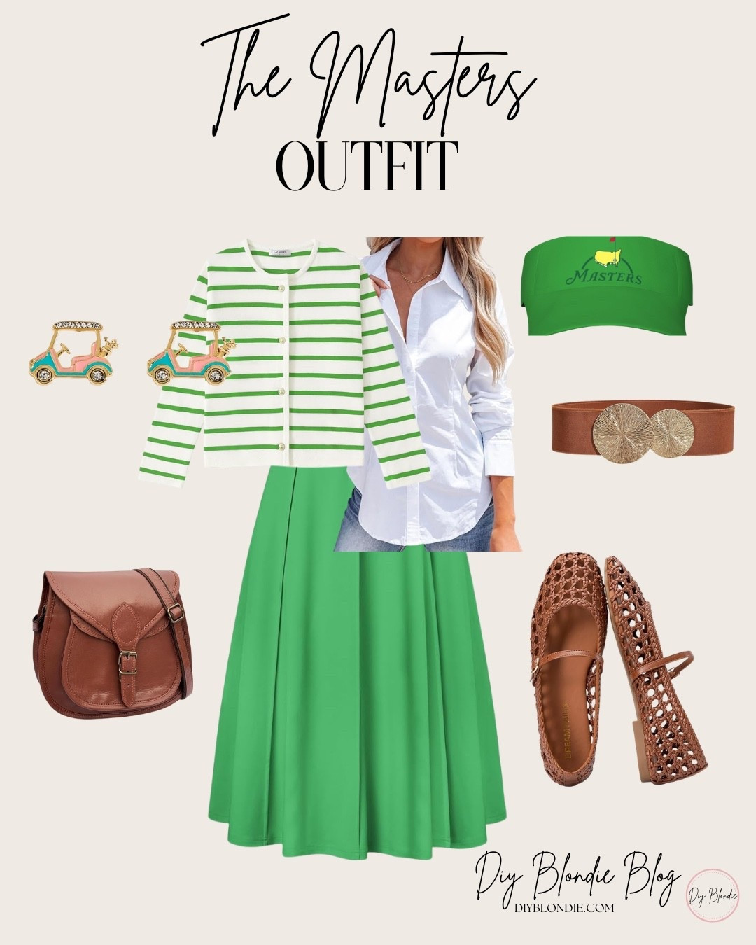 Classic Masters style 💚 This look pairs a timeless green skirt with a crisp white button-down and striped cardigan for that polished, Augusta-inspired outfit. I finished it with neutral woven flats, a leather crossbody, and fun golf-themed accessories. Perfect for tournament week, spring outings, or any classic Southern style moment. Linking everything here!