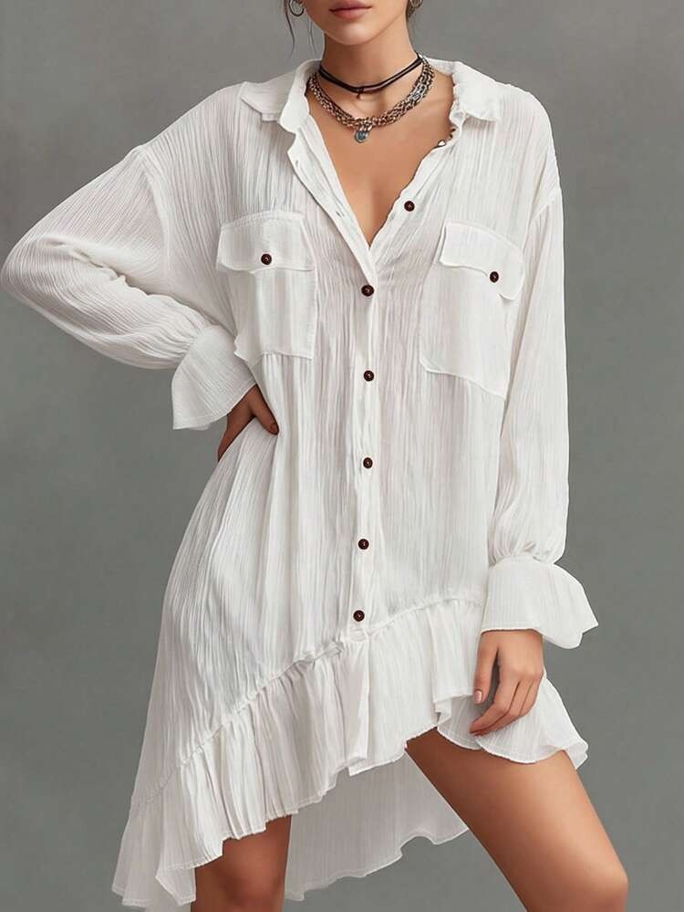 Balvessa New Arrival Spring/Summer Elegant & Comfortable Front Button Ruffle Hem Dress | SHEIN