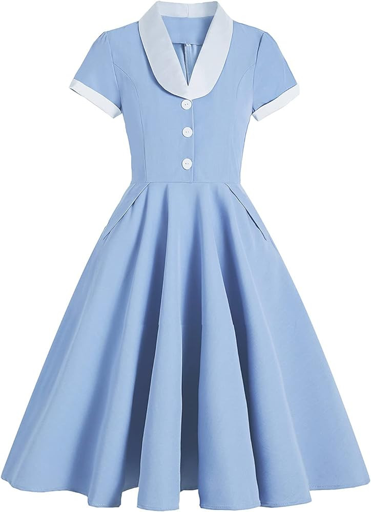 Women 1950s Vintage Shirt Dress 40s 50s Cape Collar A-line Swing Office Work Party Tea Dresses | Amazon (US)
