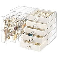 Acrylic Jewelry Organizer, Clear Earring Box with 5 Drawers, Velvet Hanging Jewelry Holder Stand ... | Amazon (US)