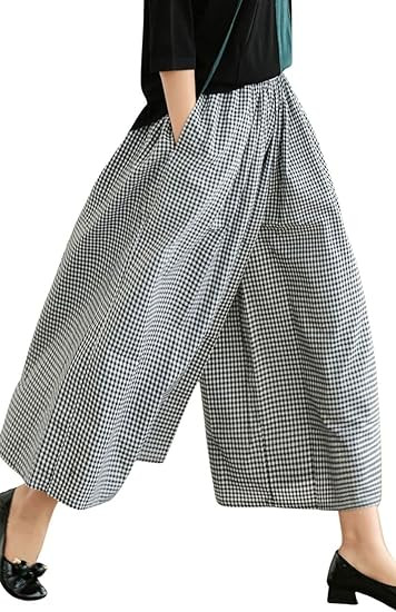 chouyatou Women's Cotton Linen Pants Elastic Waist Plaid Gingham Wide Leg Capri Palazzo Pants | Amazon (US)