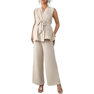 MakeMeChic Women's Maternity Clothes 2 Piece Sets Wrap V Neck Sleeveless Tops Pants Business Casu... | Amazon (US)