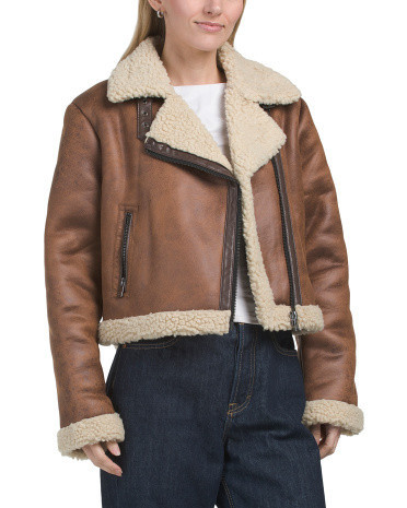 Faux Shearling Jacket For Women, Polyester/Leather | TJ Maxx