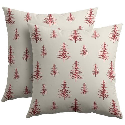 Christmas Tree Pillow Covers 18x18 Set of 2 Red Xmas Vintage Winter Print Decorative Outdoor Linen Zipper Throw Pillows Cases Cushion Cover Rustic Holiday Decoration Farmhouse Sofa Couch Bed Decor | Amazon (US)