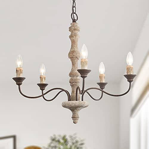 LNC French Country Chandelier, Farmhouse Handmade Distressed Wood 5 Lights Fixture for Dining & Livi | Amazon (US)