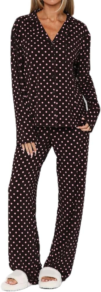 Mxiqqpltky Fruit Pajamas for Women Set Y2k Long Sleeve Button Down Shirt + Pants 2 Piece Lounge P... | Amazon (US)