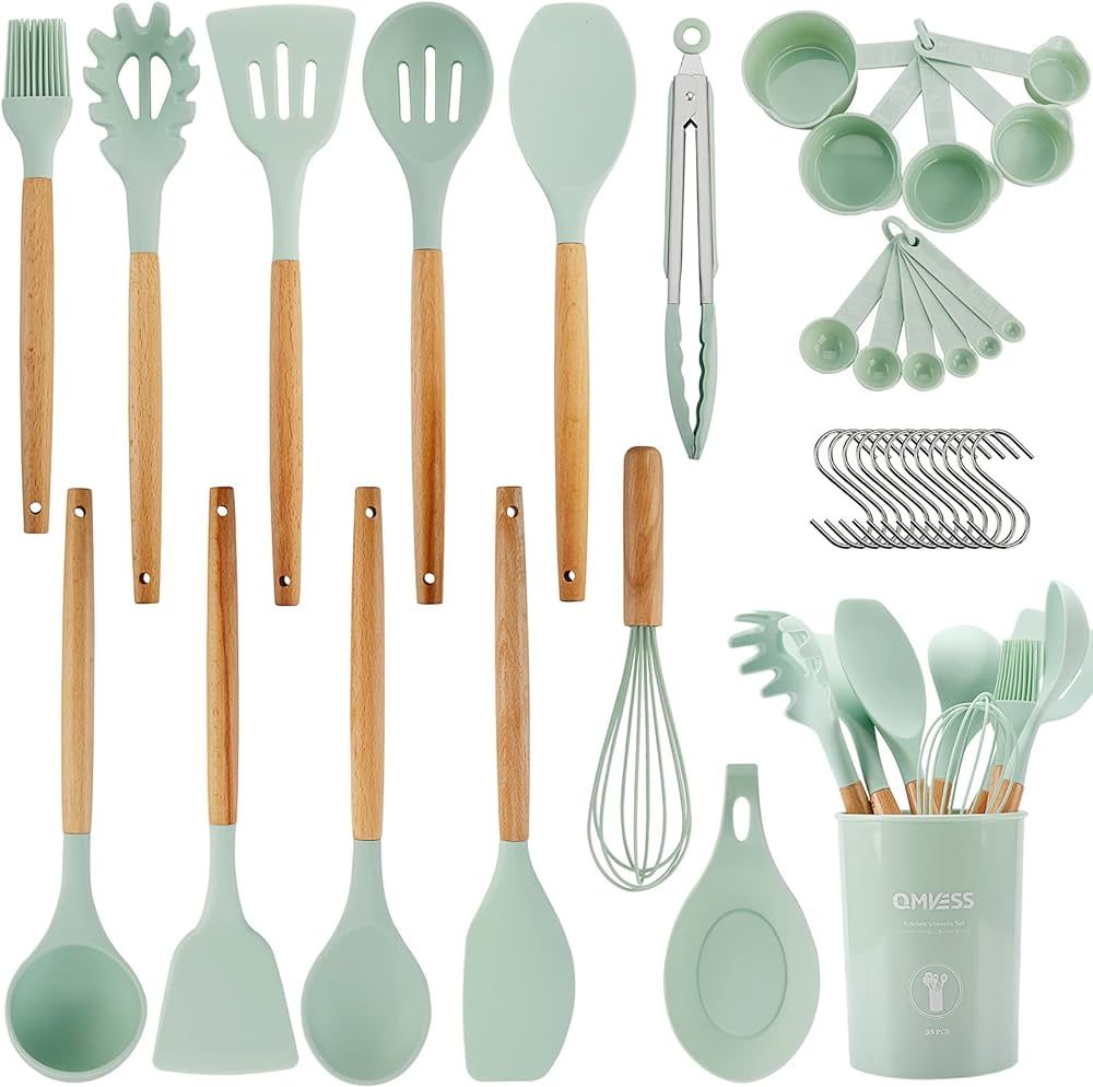 QMVESS Silicone Kitchen Utensils Set, 35 Pcs Non-Stick Cooking Utensils Set, Sturdy Insulation Wo... | Amazon (US)