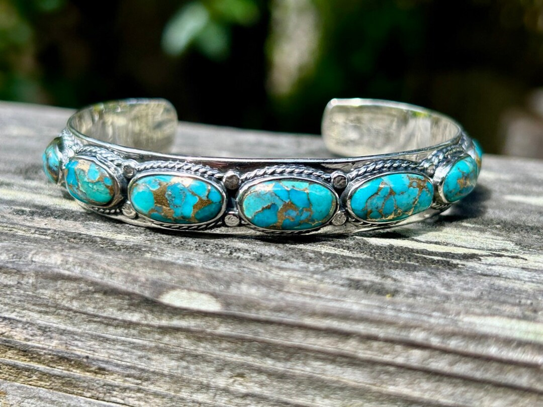 Genuine Turquoise Copper Matrix Bracelet 925 Sterling Silver 9 Gorgeous Stones in a Row Stackable... | Etsy (US)