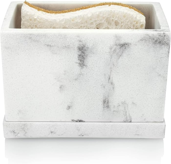 Essentra Home White Marble Kitchen Sponge Holder, Modern Kitchen Sink Caddy with Drain Tray | Amazon (US)