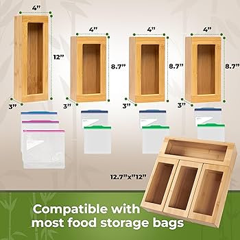 Storage Bag Organizer, Bamboo Baggie Organizer for Drawer, 4 Modular Blocks for Kitchen Organizat... | Amazon (US)