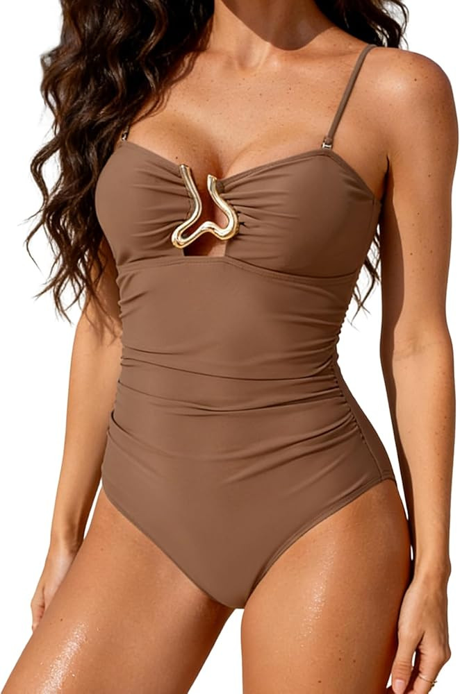 One Piece Swimsuit Tummy Control Ruched Bathing Suit for Women Slimming Swimwear Sexy Cutout Swim... | Amazon (US)