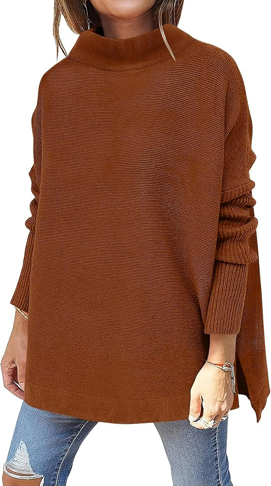 ANRABESS Women's Turtleneck Oversized Long Batwing Sleeve High Low Spilt Hem Knit Pullover Sweate... | Amazon (US)