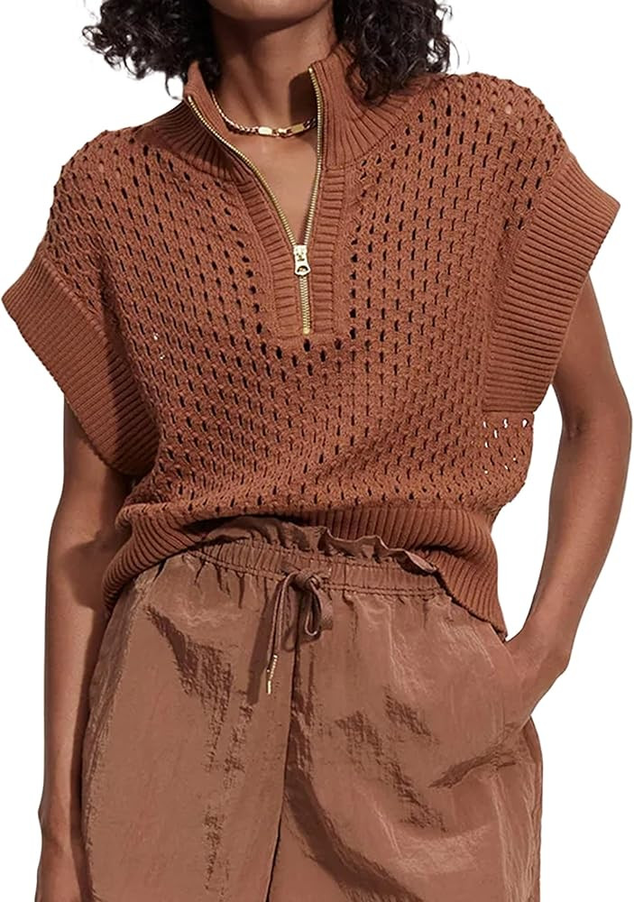 Women's Oversized Half Zip Cap Sleeve Sweater Vest Hollow Out Lapel Sleeveless Crochet Knit Pullo... | Amazon (US)