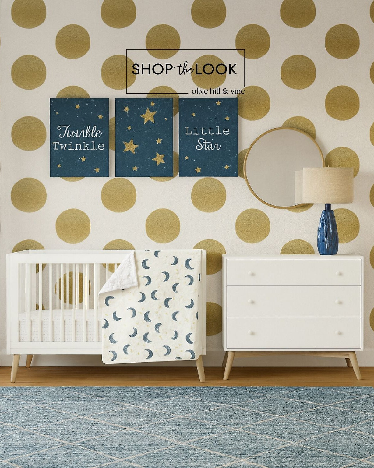 Drift into dreamy nights with our “Twinkle Twinkle Little Star” nursery. White furniture, starry bedding, a plaid rug, and celestial artwork come together against bold gold polka dot wallpaper for a magical space that shines day and night. 

 

#LTKHome #LTKBaby #LTKBump
