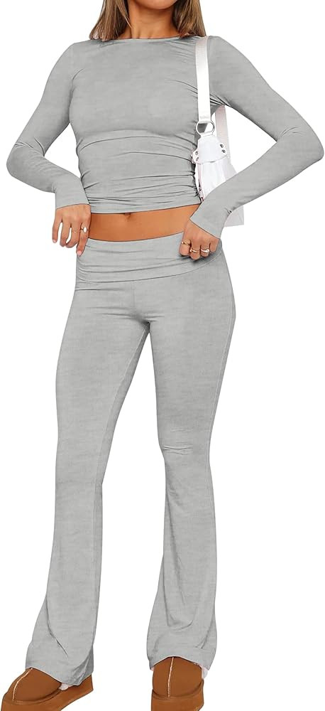 ICOBID Women’s 2 Piece Outfit Solid Basic Long Sleeve Crop Top And Flared Leggings Low Waisted ... | Amazon (US)