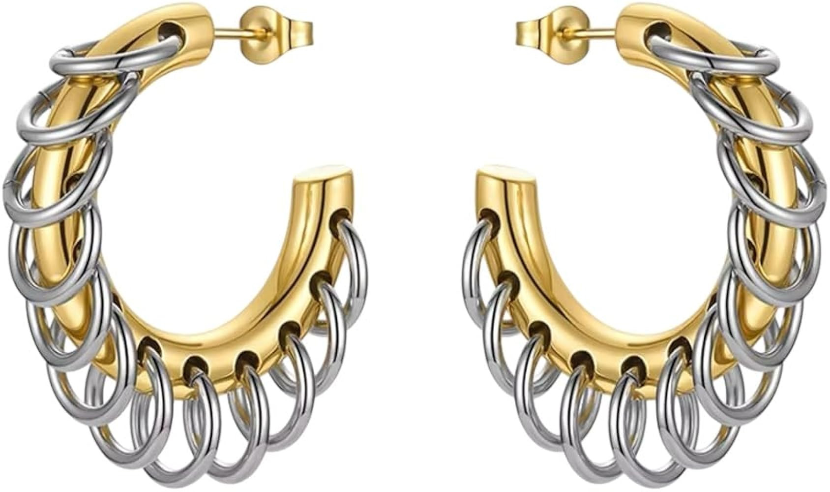 18K Gold Plated Stainless Steel Hoop Two-Tone Statement Earrings With Silver Chain Link Detail Ni... | Amazon (US)