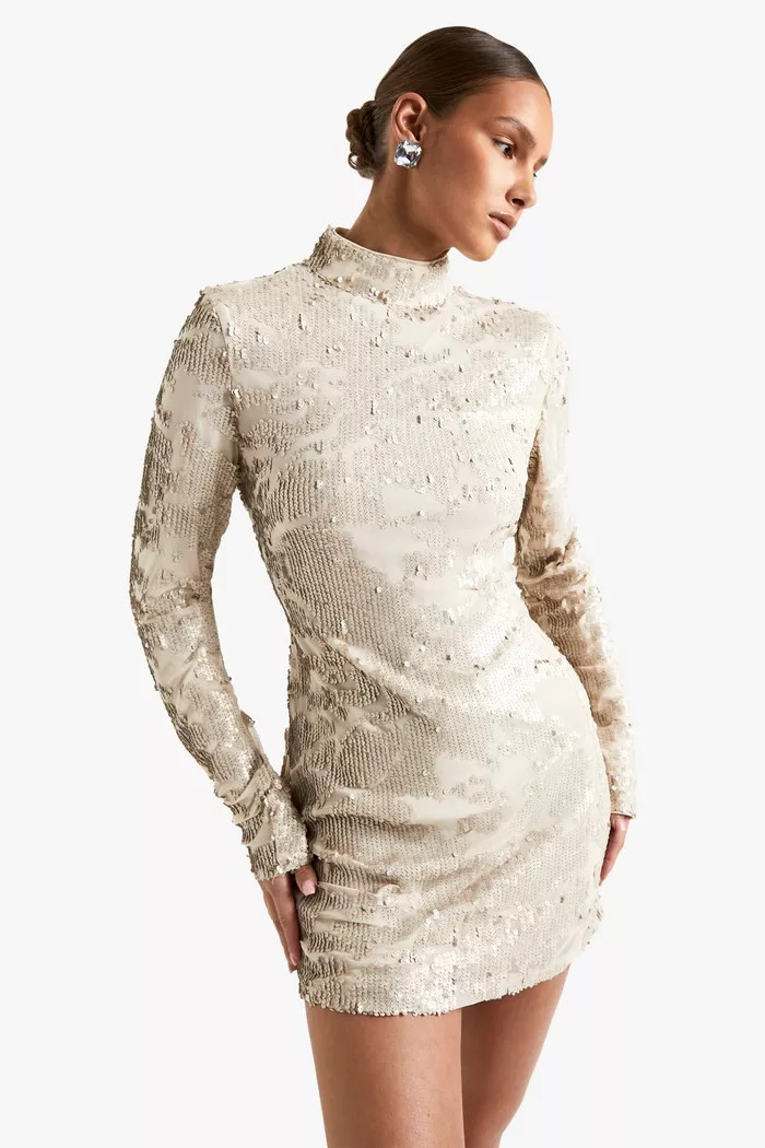 Demask Sequin High Neck Long Sleeve Mini Dress | boohoo (US & Canada)