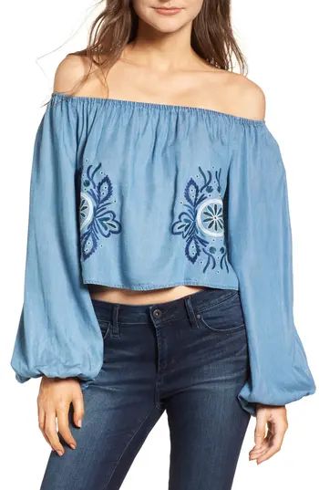 Women's Chloe & Katie Emboidered Chambray Off The Shoulder Top | Nordstrom