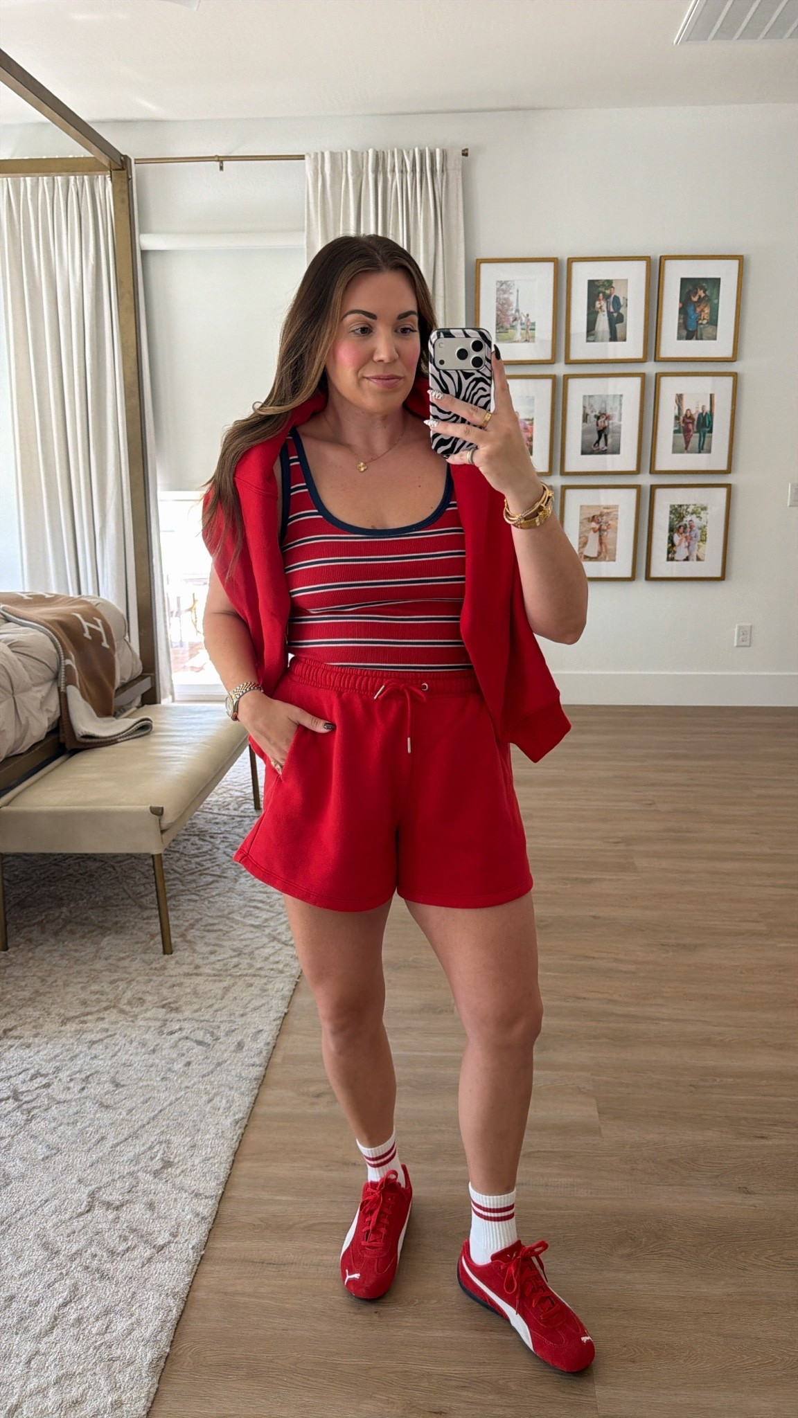curvy midsize red sweat suit outfit! wearing size medium in red striped tank, shorts, and crew neck ❤️

#LTKSeasonal #LTKMidsize #LTKActive