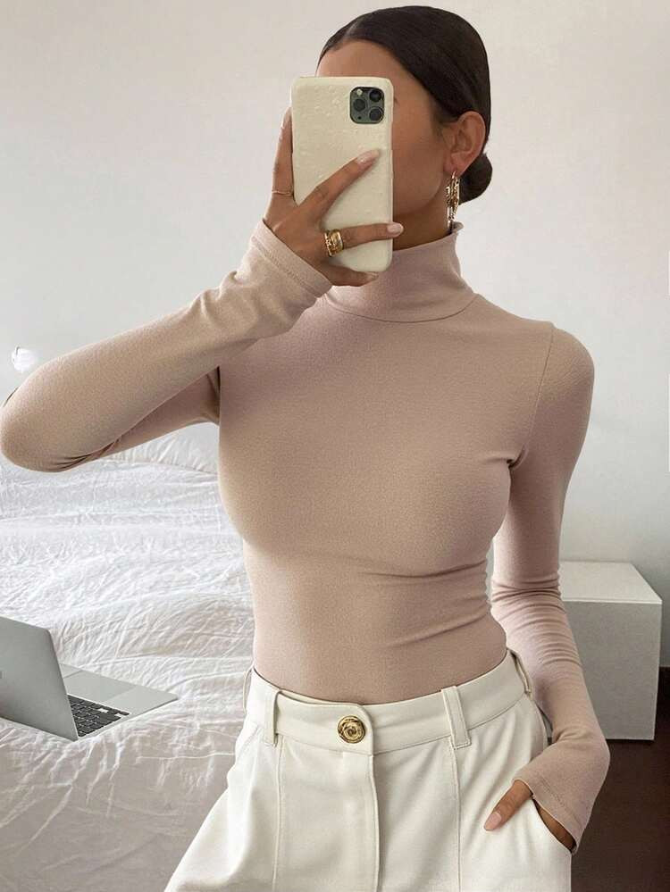 Livesso Damen Langarm Stehkragen T-Shirt, Herbstmode Damen Rollkragenpullover | SHEIN