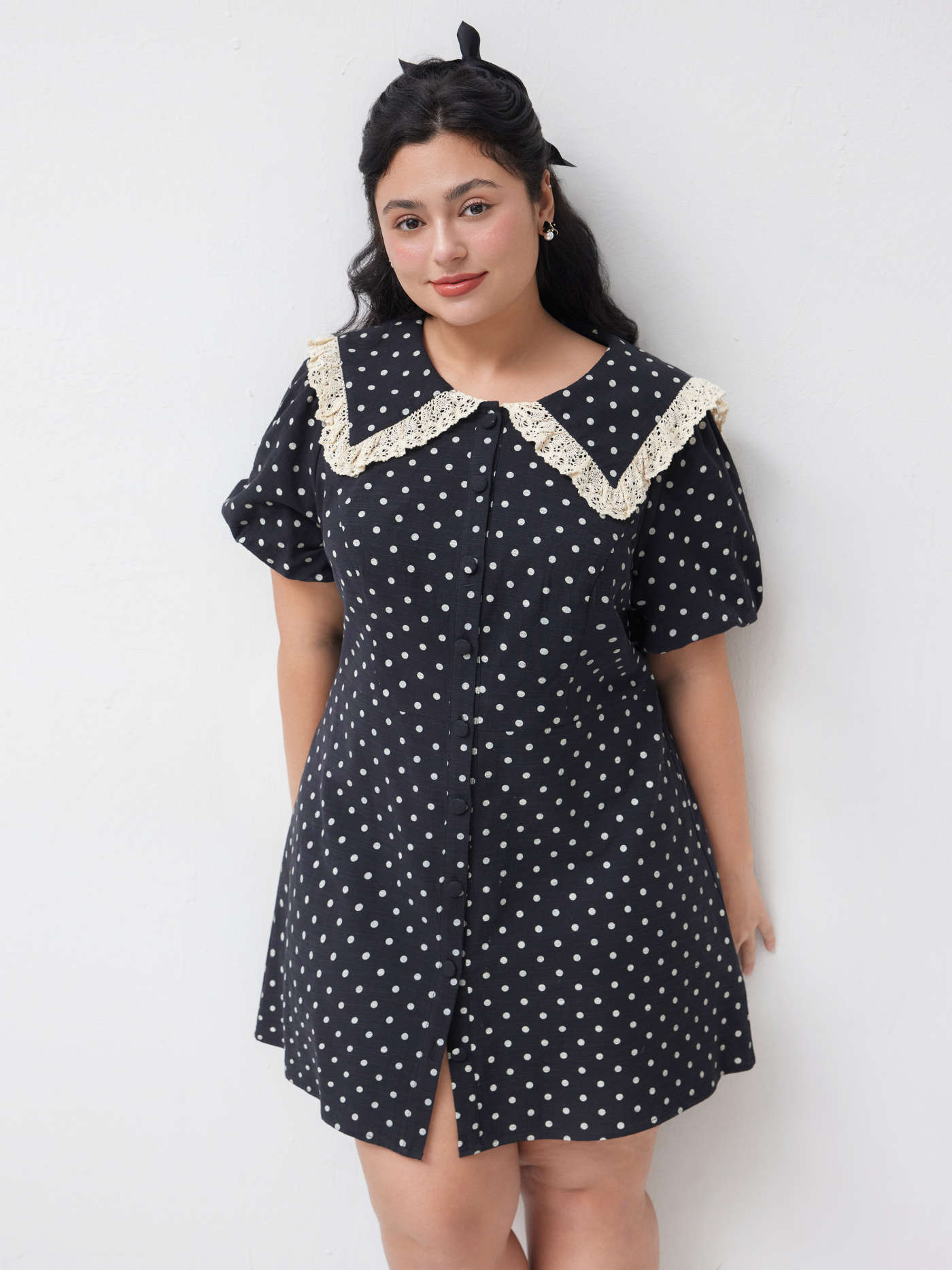 Woven Cotton-blend Collar Polka Dot Mini Dress Curve & Plus For School Daily Casual | Cider