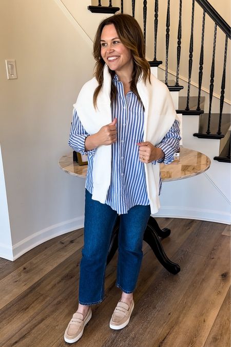 Casual outfit for Italy

Love a classic blue stripe button down. Paired with the perfect white sweater for when spring gets chilly! Sweater will still look cute if worn over blue stripe shirt!

Favorite Abercrombie jeans. Fit TTS

The best travel shoe. Vionic uptown loafers! So many colors that would look amazing with this outfit  

#LTKshoecrush #LTKtravel #LTKeurope