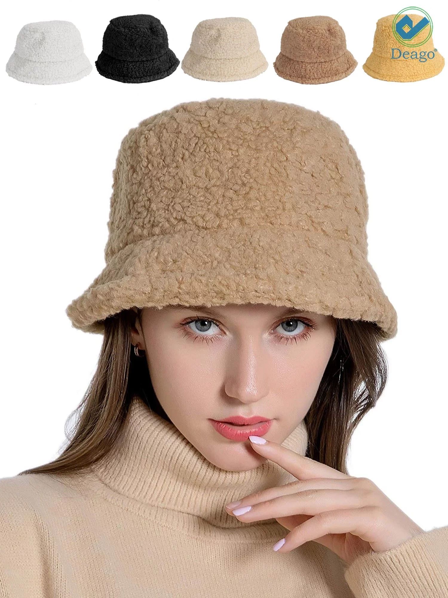 Deago Women Winter Bucket Hat Vintage Cloche Hats Warm Faux Fur Wool Outdoor Fisherman Cap (Khaki... | Walmart (US)