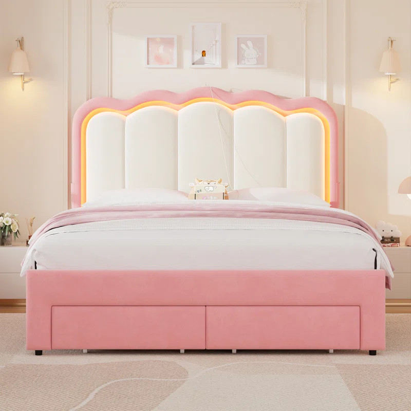 Mercer41 Daphne Upholstered LED Bed Frame With Drawer & Adjustable Headboard, Kids Beds & Reviews... | Wayfair North America