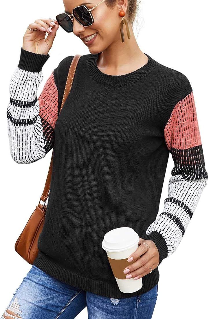 koitmy Women's Cute Contrast Sleeve Knitted Pullover Sweater | Amazon (US)