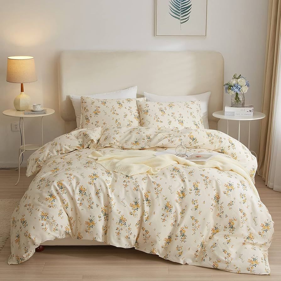 VM VOUGEMARKET Yellow Floral Duvet Cover Queen 3 Pieces Cotton Girls Cottagecore Bedding Set,Rose... | Amazon (US)