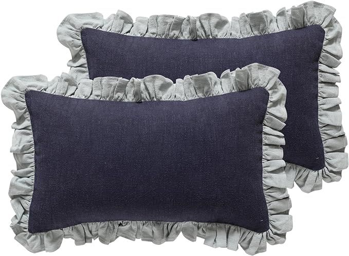 patdrea Blue Decorative Throw Pillow Covers 12x20 Set of 2, Farmhouse Linen Pillow Covers with Ru... | Amazon (US)