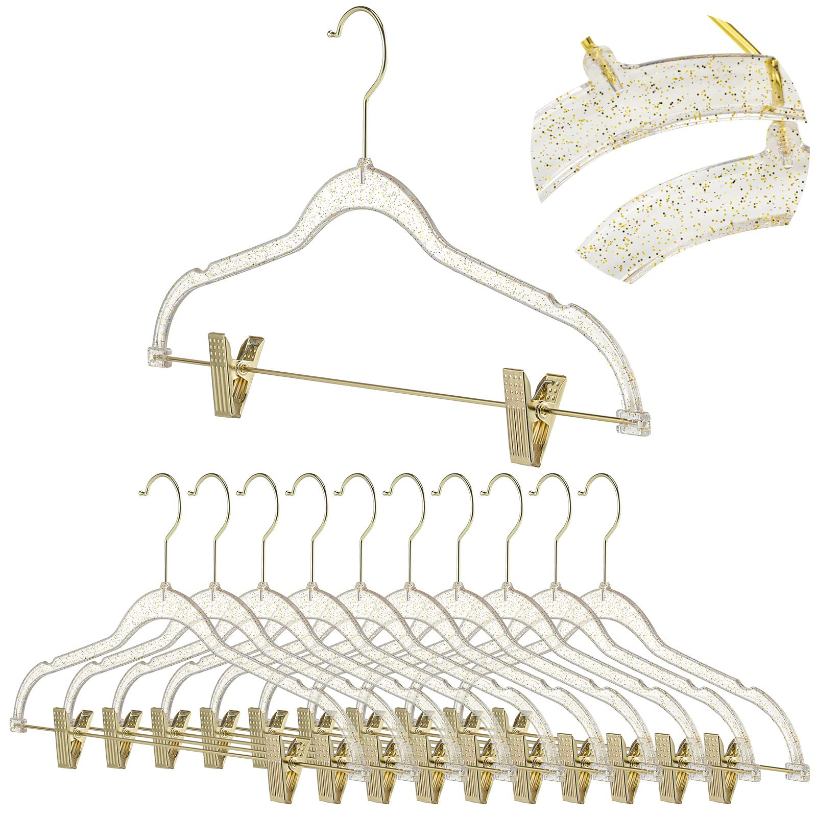 Hoolerry 10 Pcs Clear Hangers with Clips Acrylic Glitter Hangers 17 x 8 Inches Plastic Skirt Pant... | Amazon (US)