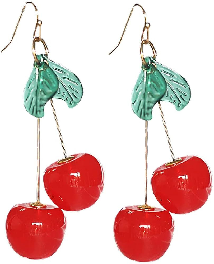 Cherry Cute Earrings for Women Red Funny Drop Dangle Earrings 18K Gold Plated Charm Green Leaf Ta... | Amazon (US)