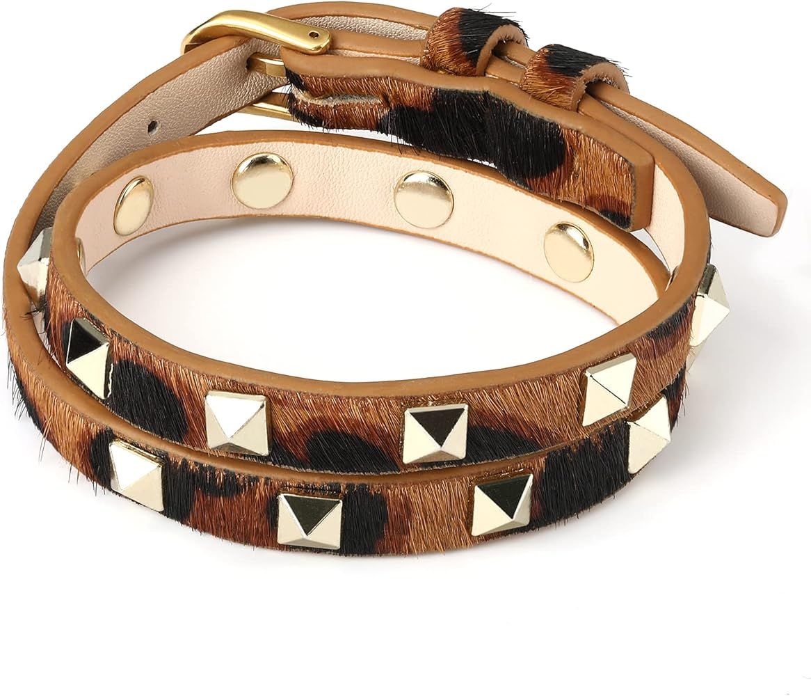 QGoliver Leather Wrap Bracelet for Women Men, 2 Layered Cowhide Wristband Studded Spikes Rivet Brace | Amazon (US)