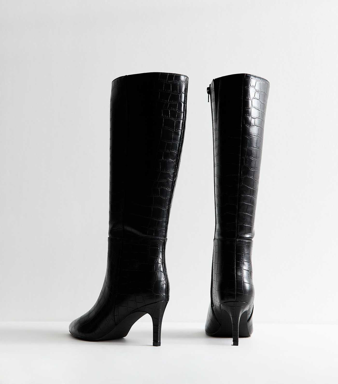 Wide Fit Black Croc Embossed Stiletto Knee High Boots | New Look | New Look (UK)