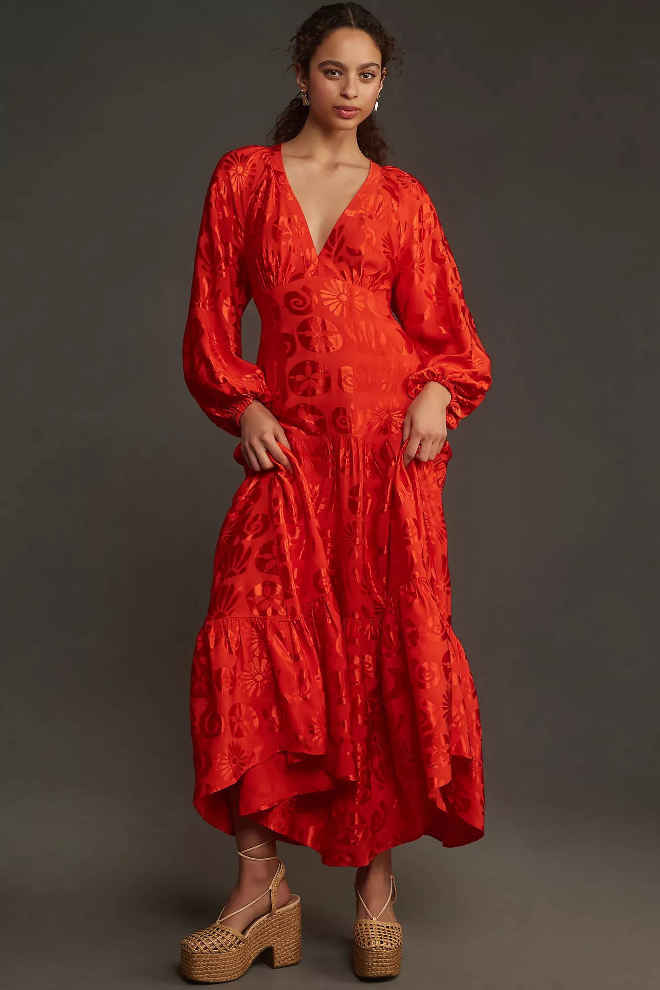 Farm Rio Long-Sleeve V-Neck Jacquard Maxi Dress | Anthropologie (US)