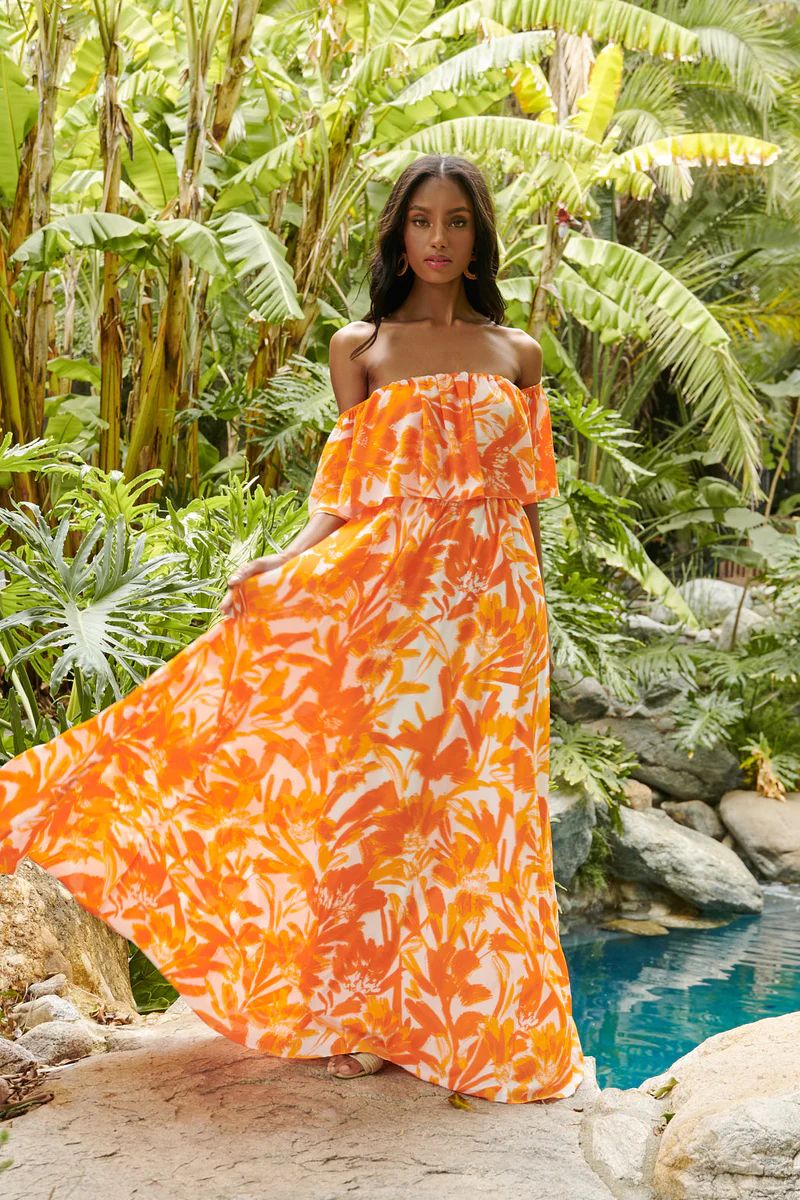 Tropical Dreamsicle Enamored Off the Shoulder Ruffle Dress | Sugarlips