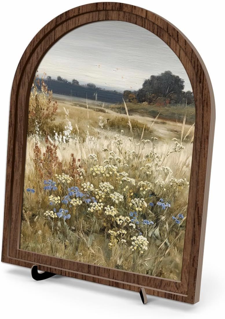 Rustic Farmhouse Tabletop Decor Sign, Arched Wooden Frame Wildflower Meadow Artwork for Desk Shelf Display, Soft Floral Landscape Accent, Gift for Home Decor Lovers | Amazon (US)
