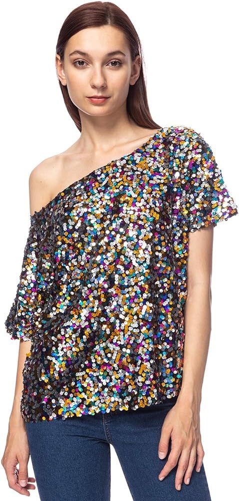 Anna-Kaci Womens Short Sleeve One Shoulder Sexy Sequin Top Blouse | Amazon (US)