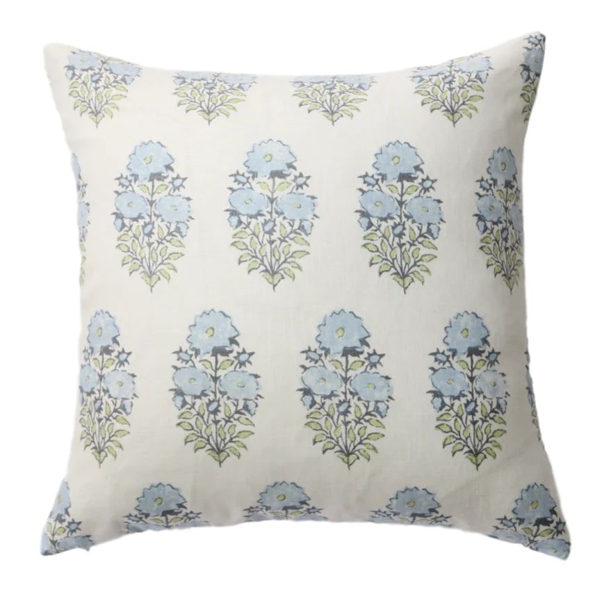 Blue Floral Block Print Pillow Cover | Danielle Oakey Interiors INC